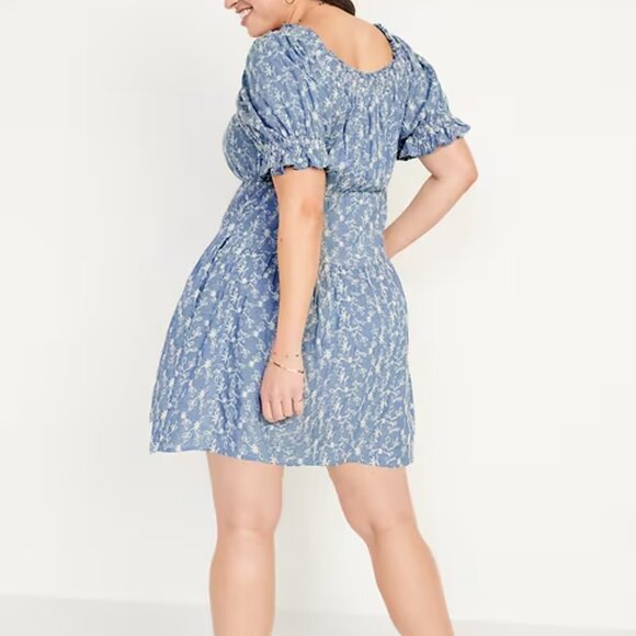 Old Navy Blue Ivory Floral Embroidered Puff-Sleeve Tiered Mini Swing Dress Mediu - Picture 8 of 8